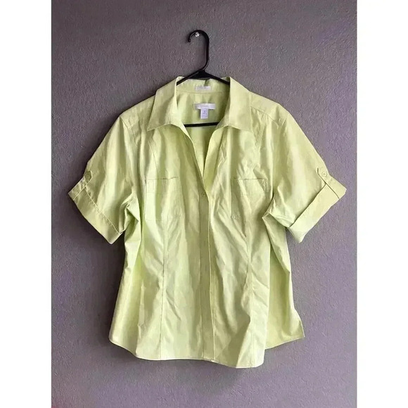 Chicos Womens Shirt 3 Yellow Green Rolled Sleeve Cotton Button Up Collared - Picture 2 of 7